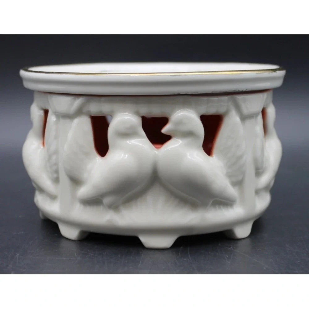 Gerold Porzellan Bavaria Bisque Doves Tealight Candle Holder White Red Gold Trim
